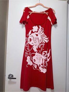 GsusRed Midi Dress with White Koi Graphic